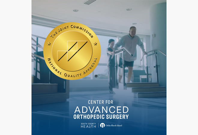 South County Health Orthopedic Program Receives Gold Seal of Approval from The Joint Commission, Background image is Patient walking after knee surgery